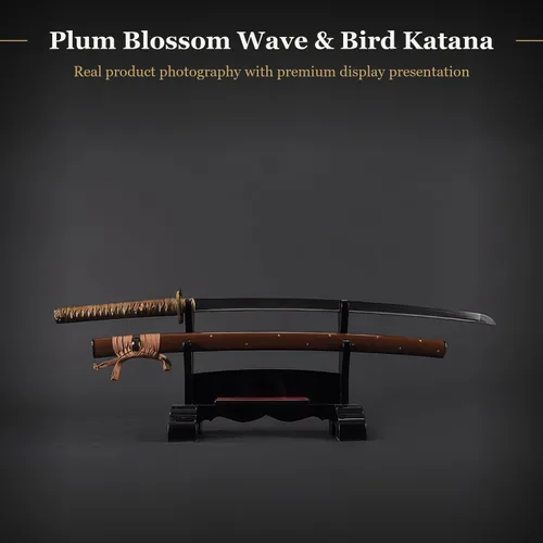 Vista 2 de Espada katana samurái japonesa de flor de ciruelo, forjada a mano, hoja de Damasco de acero al carbono 1045, arcilla, espiga completa, afilada