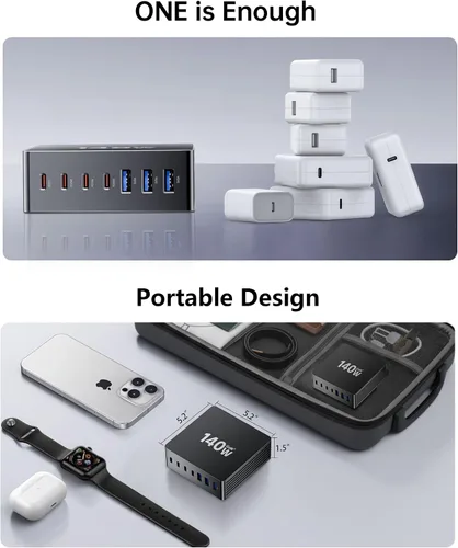 Vista 5 de Estación de carga USB C, estación de carga rápida GaN III de 7 puertos de 140 W, estación de carga USB PD 3.0 para múltiples dispositivos, estación