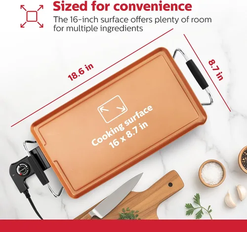 Vista 7 de Holstein Housewares Plancha eléctrica de 16 pulgadas, revestimiento antiadherente Healthy-Eco y sin humo, gran superficie de cocción para hacer
