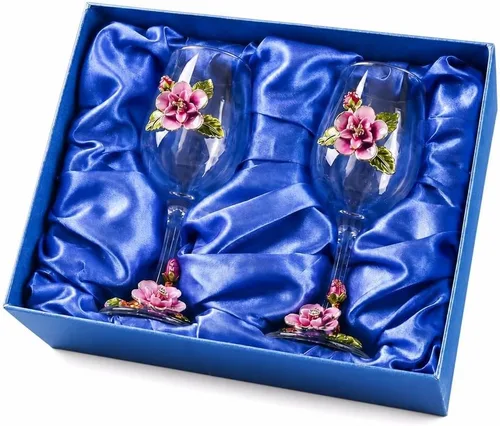 Vista 6 de Simcat Copa de Vino Pintada a Mano de Esmalte Floral Transparente Refinada, Pie para Cabernet, Regalos (Caja de regalo doble azul, 2 Cajas de regalo)