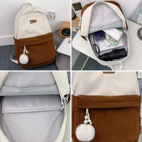 Vista 4 de Verdancy Mochila retro de pana para adolescentes, escuela, universidad, viajes, vintage, estética, mochila kawaii, mochila escolar casual, Marrón