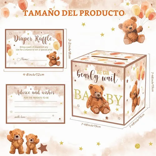 Vista 2 de Fumete 51 piezas Caja de tarjetas de rifa de pañales con osos con tarjetas de rifa de pañales insertadas, No podemos esperar, para baby shower