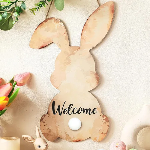 Vista 17 de Juexica Coronas de Pascua para puerta delantera, letrero de madera de bienvenida, colgador de puerta, decoración de primavera, placa colgante