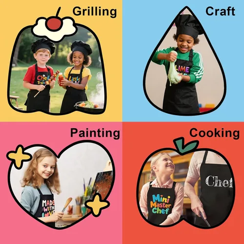 Vista 7 de Juego de Delantal y Gorro de Chef para Niños - Delantal de Cocina Ajustable para Niños con 2 Bolsillos, Negro, para Niños y Niñas de 3 a 8 Años
