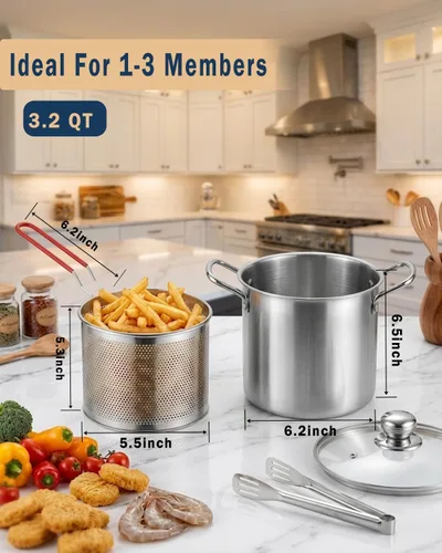Vista 3 de Freidora de acero inoxidable de 3.2 cuartos de galón con cesta y tapa, sartén profunda multifuncional con colador para cocinar en casa