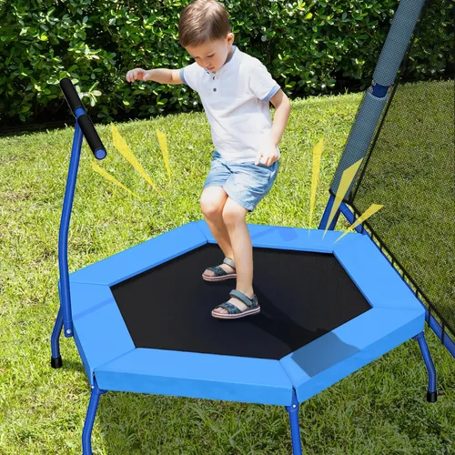 Vista 6 de Juego de columpios para niños 5 en 1 para patio trasero con trampolín, soporte de marco en A resistente de 880 libras, soporte de metal