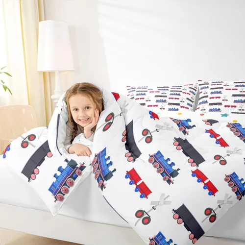 Vista 4 de Erosebridal Juego de ropa de cama de tren de dibujos animados para niños y niños, edredón de plumón de vehículos para niños, decoración