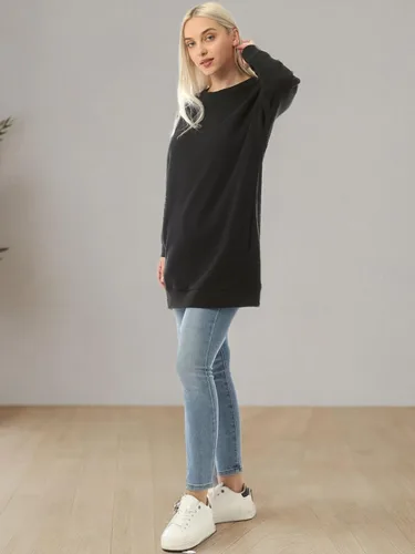 Vista 7 de MixMatchy Sudadera casual de forro polar con cuello en V para mujer, manga larga, túnica para otoño e invierno Negro (cuello redondo)
