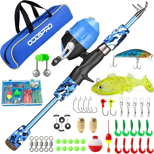 Vista 11 de ODDSPRO Caña de pescar para niños, kit combinado de caña de pescar y carrete telescópico portátil para niños, con caja de aparejos de pesca Spincast