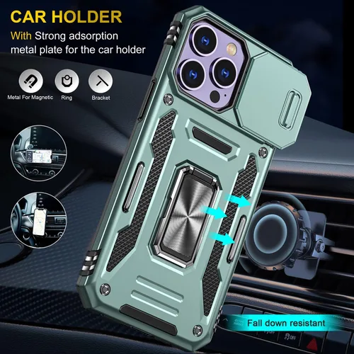 Vista 5 de Funda para iPhone 14 Pro con Cubierta Deslizante para Cámara, con Soporte de Anillo para Dedo, Compatible con Soporte Magnético para Automóvil