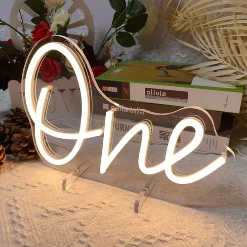 Vista 6 de Número de mesa de cumpleaños de un año de edad, lámpara de escritorio, luz nocturna, letra de boda, letrero de neón LED, decoración de mesa de boda