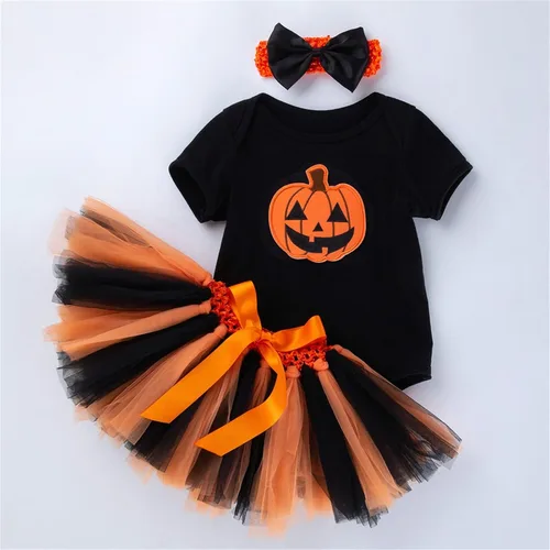 Vista 3 de Zapatos de bebé para niñas pequeñas, manga corta, estampado de calabaza, falda con diadema, traje para niñas de 0 a 24 años de verano