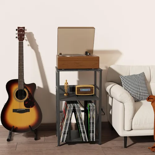 Vista 2 de DALEMHOME Soporte para tocadiscos con estación de carga, mesa auxiliar de 3 niveles para almacenamiento de 100 vinilos, mesa auxiliar para sala
