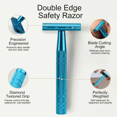 Vista 3 de Maquinilla de afeitar de seguridad azul, navajas de una sola hoja para hombres Reusable Metal Razor, with 10 Platinum Coated Double Edge Blades