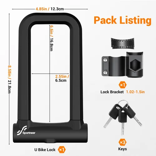 Vista 5 de Sportneer Cerradura de bicicleta: Bloqueo en U de bicicleta antirrobo de 0.709 in – Cerraduras en U de bicicleta con grillete con 3 llaves y soporte