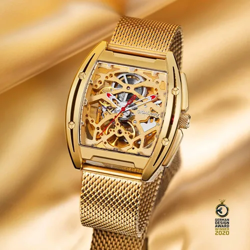 Vista 2 de CIGA Design Reloj de pulsera mecánico de acero inoxidable dorado con correa de silicona de zafiro con una correa de acero inoxidable