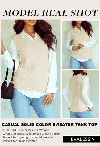Vista 8 de EVALESS - Chaleco de gran tamaño para mujer, cuello en V, sin mangas, color sólido, suéter suelto