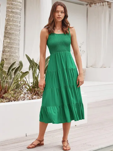 Vista 6 de ANRABESS Vestido de verano para mujer, sin mangas, fruncido, bohemio, con volantes, escalonado, acampanado, para la playa, con bolsillos