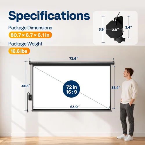 Vista 9 de VIVOHOME Pantalla de proyector motorizada 16:9 de 72 pulgadas con control remoto, pantalla de proyección eléctrica automática, pantalla de cine HD