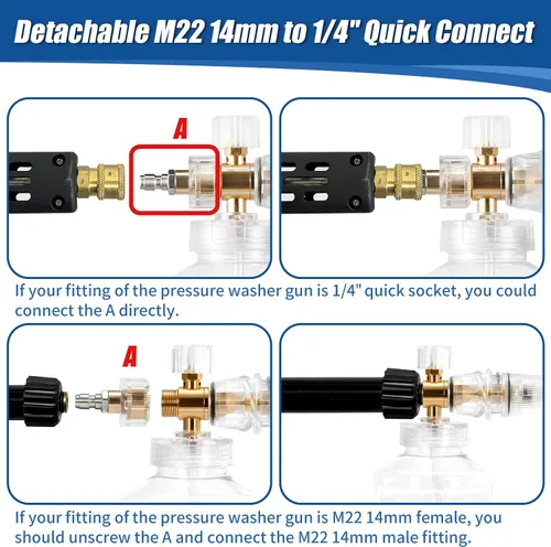 Vista 5 de Tool Daily - Lavadora a presión con cañón de espuma, lanza de espuma de nieve ajustable con M22 y conector rápido de 6 mm, boquilla con orificio
