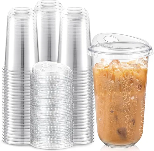 Vista 13 de Baderke 100 vasos de plástico con tapas para sorber, fondo redondo, vasos de café de plástico desechables con tapas, tazas de cristal transparentes