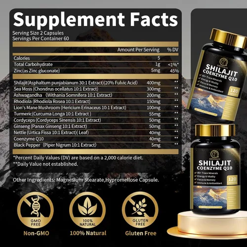 Vista 2 de Shilajit para hombres con musgo marino y ashwagandha, Hima*Layan Shilajit 12 en 1, suplementos de cápsulas con coenzima Q10, ácido fúlvico y ácido