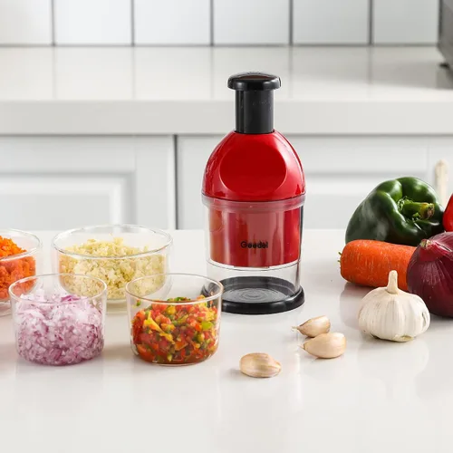 Vista 7 de Geedel - Picador de alimentos, manual fácil de limpiar, picador de verduras de mano, apto para lavavajillas, picador de cebolla para verduras, Rojo