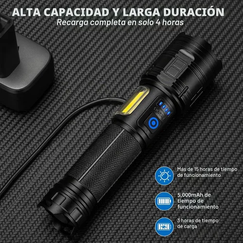 Vista 3 de Linterna recargable de 99,000 lúmenes altos, 7 modos de luz LED con COB, potente linterna de mano para el hogar, campamento (paquete de 2)