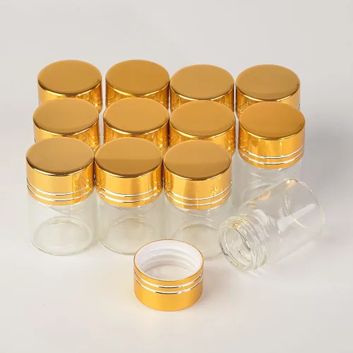 Vista 4 de 24 botellas de vidrio de 0.2 fl oz Tapa de aluminio Tapa dorada Vacío Transparente Transparente Contenedor de regalo Líquido Deseo Botellas Frascos