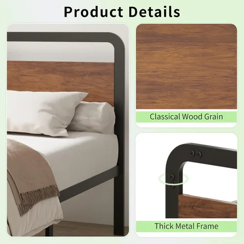 Vista 4 de Richwanone Marcos de Cama Individual con Cabecera y Pie de Cama de Madera, Marco de Plataforma de Metal de 14 Pulgadas con Soporte de Listones