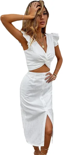 Vista 3 de SheIn Conjunto de blusa corta con volantes y cuello redondo para mujer 2 piezas falda midi