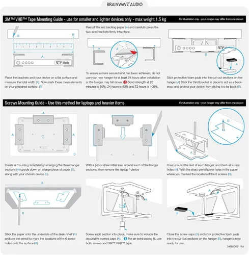 Vista 9 de Soporte para laptop debajo del escritorio para escritorio, adhesivo y atornillado, dispositivos de hasta 1.5 pulgadas de grosor como Macbooks