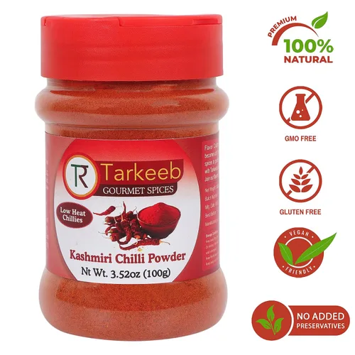 Vista 3 de Tarkeeb Chili en polvo de Cachemira (Deggi Mirch, a bajo calor) Tarro de PET con tapa agitadora de 3.52 oz (100 g) Auténtica especia india Todo