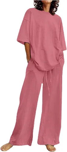 Vista 23 de Conjuntos de verano de 2 piezas para mujer, conjuntos elegantes y casuales de color liso, para verano, otoño, cuello redondo, tops y pantalones
