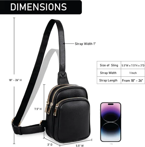Vista 4 de Emperia Bolso bandolera pequeño con triple cremallera para mujer, de piel sintética, ligera, cangurera para el pecho para viajes, Negro -, Bolso