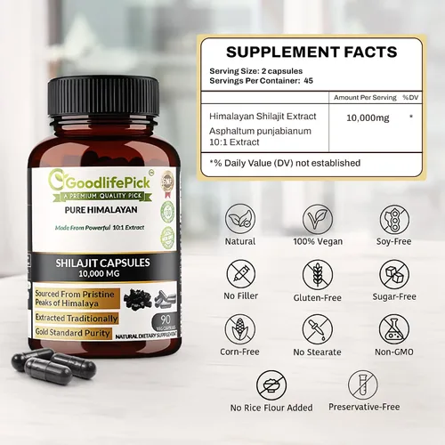 Vista 4 de Cápsulas puras de Shilajit del Himalaya. Shilajit natural de máxima fuerza rica en trazas minerales y ácido fúlvico. Abastecimiento de alta altitud.
