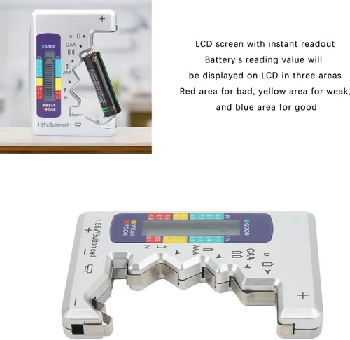 Vista 2 de Pilipane AAA, versátil probador digital de capacidad de batería para baterías AA, D, C, N y 9V, pantalla LCD (plata)