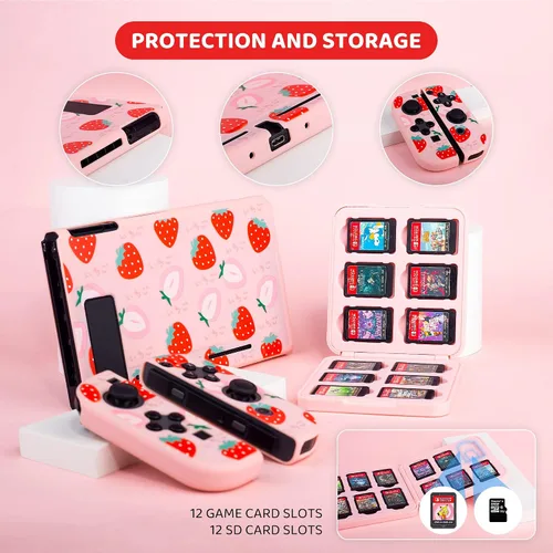Vista 4 de RHOTALL Cute Strawberry Carrying Case for Nintendo Switch, Hard Portable Travel Case for Switch Accessories with Protective Shell, Shoulder Strap