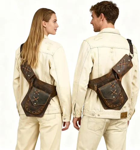 Vista 3 de Lona resistente al agua más cuero motocicleta riñonera un hombro gota pierna muslo bolsa para hombres mujeres N211-8, Marrón, Estilo vintage retro