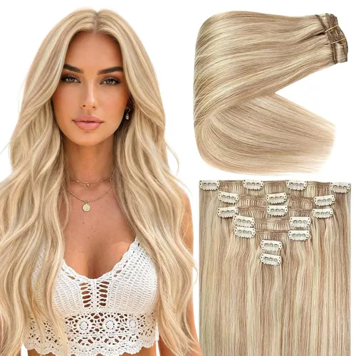 Vista 14 de Ve Sunny Extensiones de cabello clip-in de cabello humano real con reflejos, extensiones de cabello con clip para cabello corto, marrón oscuro