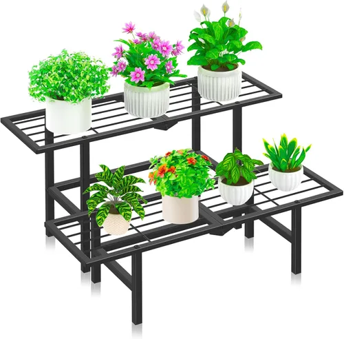 Vista 12 de Paquete de 2 soportes para plantas de 1 nivel para interiores y exteriores, estante plegable de metal para plantas, diseño estrecho de 8.7 pulgadas