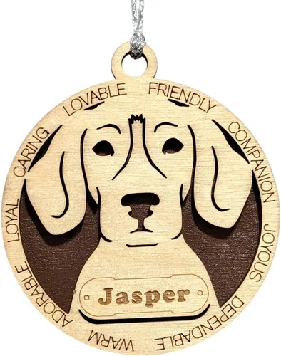 Vista 195 de Adorno de Navidad personalizado para perro Cavalier King Charles Spaniel, redondo de 3 pulgadas, madera cortada con láser de 2 capas, nombre y texto