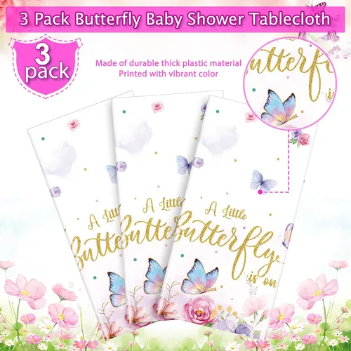 Vista 4 de FunnyPars Paquete de 3 manteles de mariposa para baby shower, decoración de baby shower, mantel rectangular desechable de plástico con temática