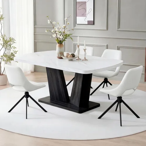 Vista 14 de Juego de mesa de comedor para 6, juego de mesa de comedor de mármol para 6, juego de 6 sillas de mesa de cocina con base de madera, juego de mesa