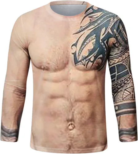 Vista 2 de Camisetas feas de Navidad para hombre, divertidas, falsas, con estampado de músculos, camiseta deportiva con cuello redondo, manga larga, ropa