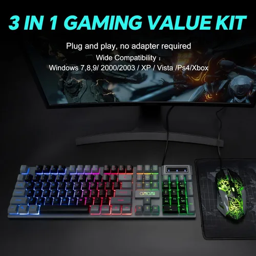 Vista 5 de CHONCHOW Combo de teclado y mouse para juegos con retroiluminación LED de 104 teclas de tamaño completo, luz de teclado con cable USB, sensación