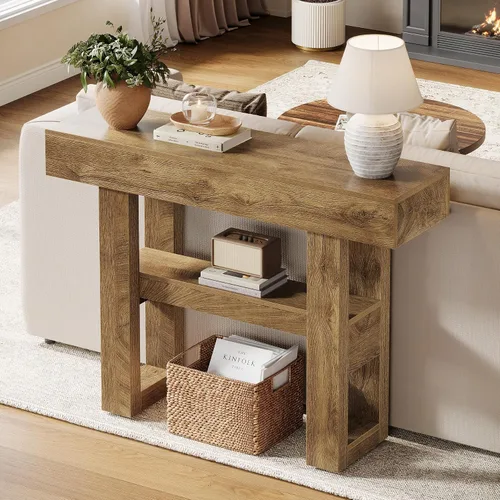 Vista 3 de Tribesigns Mesa consola de granja de 41.34 pulgadas, mesa de sofá estrecha de 2 niveles detrás del sofá, muebles de entrada con estantes de Marrón