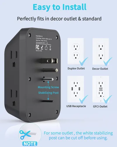 Vista 7 de Cargador de pared USB con protector contra sobretensiones, HOPOW extensor de 6 salidas con 4 puertos de carga USB (2 USB C), enchufe de pared