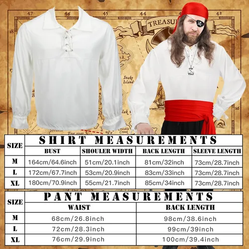 Vista 2 de Juego de 9 piezas de disfraz de pirata para adulto, medieval, renacentista, camisa vikinga, bandana, cinturón y pantalones para Halloween y cosplay