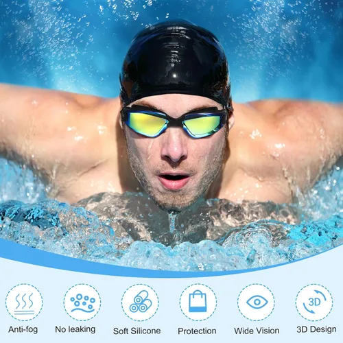Vista 5 de Flutesan Paquete de 6 gafas de natación para adultos, antiniebla, con tapones para los oídos, clip para la nariz, sin fugas, protección completa